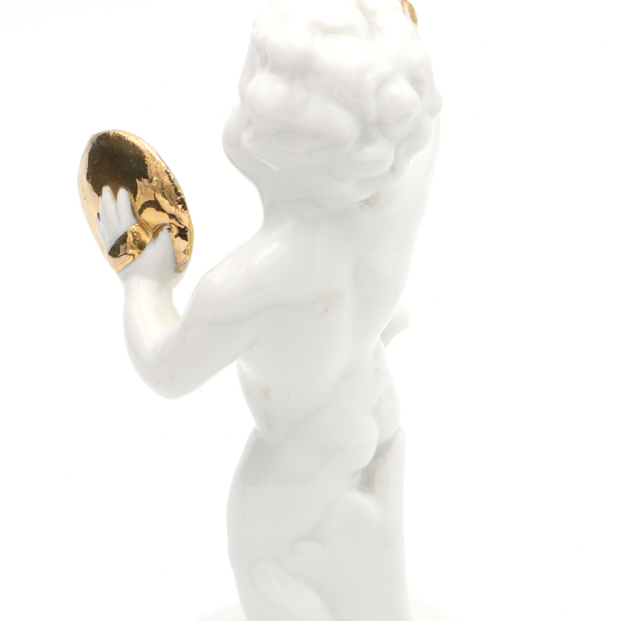 Porzellan-Figur Statue Miniatur Dekoratives Ornament Capodimonte Engel Putto Vergoldete Zimbeln Art Deco Handbemalt, Vintage Keramik Sammlerskulptur